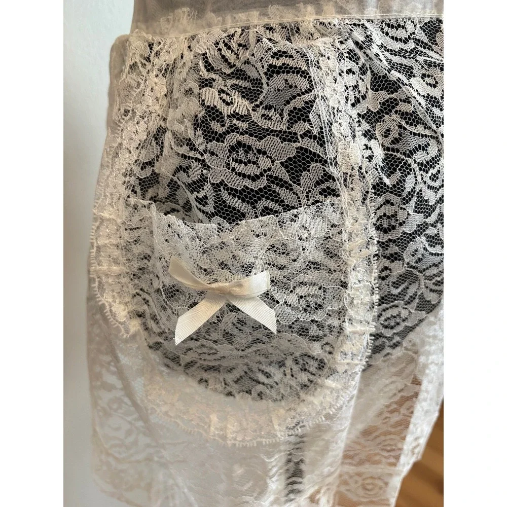 Vintage White Floral Lace Half Apron Sheer Organza Tie Waist Coquette Bow Pocket